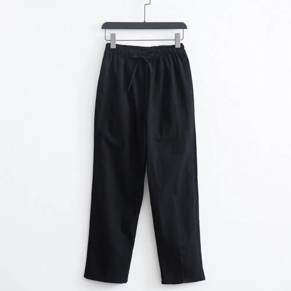 Buddha Stones Men’s Solid Color Cotton Linen Casual Drawstring Pants With Pockets - Black / US/UK/AU34，EU44 (M) - Men’s