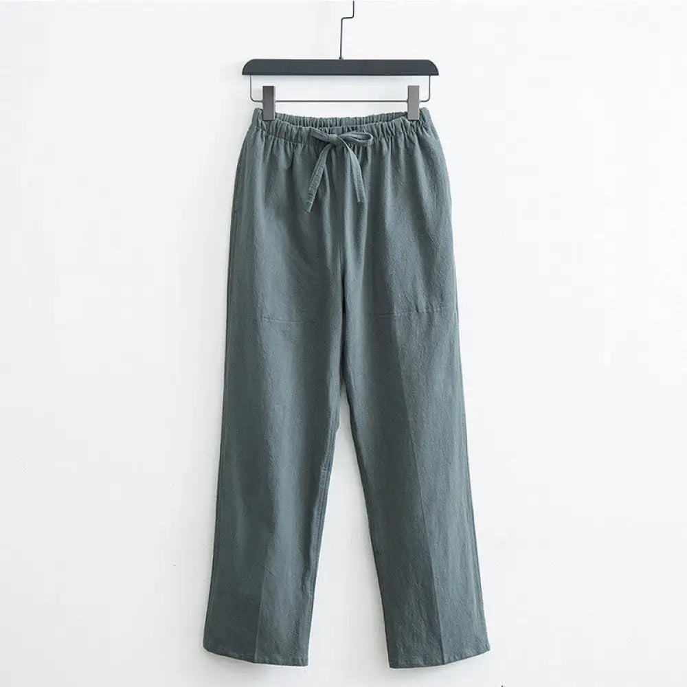 Buddha Stones Men’s Solid Color Cotton Linen Casual Drawstring Pants With Pockets - DarkSeaGreen / US/UK/AU34，EU44 (M)