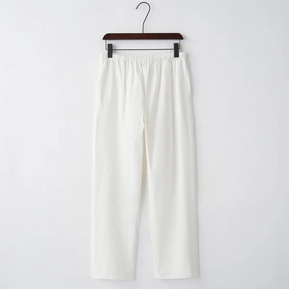Buddha Stones Men’s Solid Color Cotton Linen Casual Drawstring Pants With Pockets - White / US/UK/AU34，EU44 (M) - Men’s
