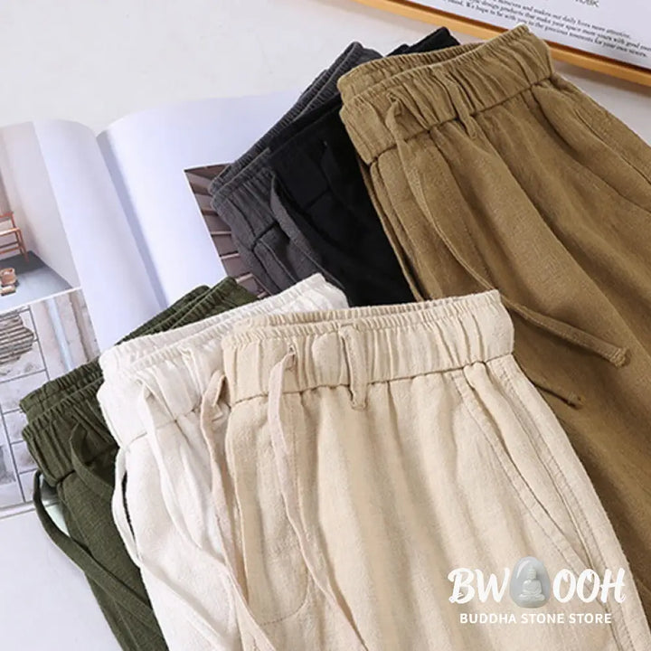 Buddha Stones Men’s Solid Color Ramie Linen Drawstring Cropped Pants With Pockets - Men’s Pants