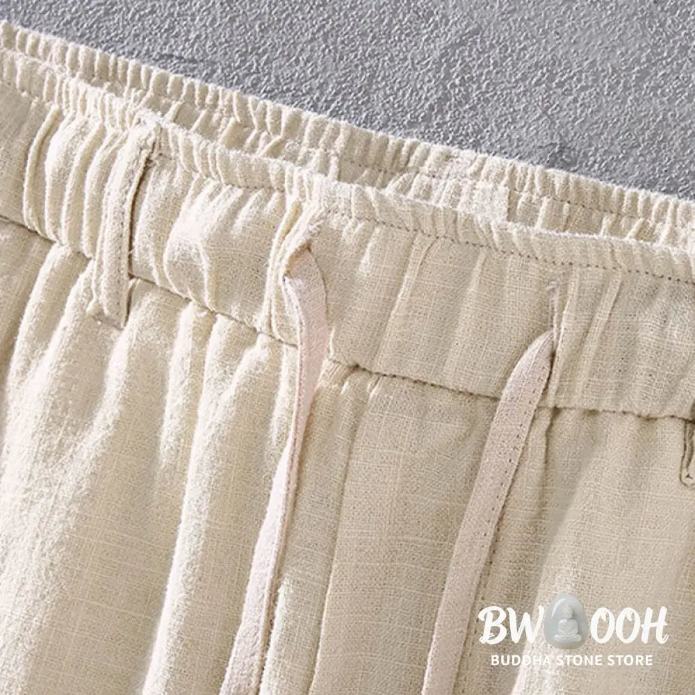 Buddha Stones Men’s Solid Color Ramie Linen Drawstring Cropped Pants With Pockets - Men’s Pants