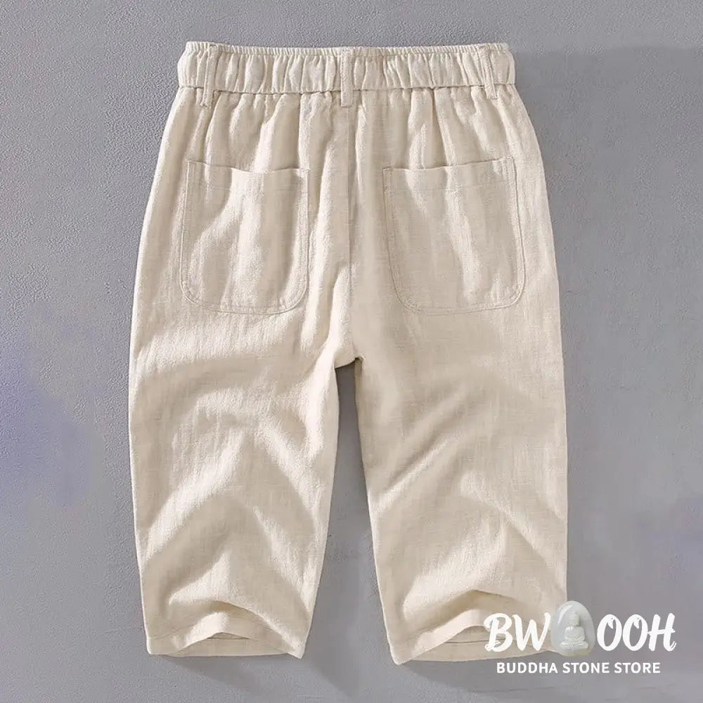 Buddha Stones Men’s Solid Color Ramie Linen Drawstring Cropped Pants With Pockets - Men’s Pants