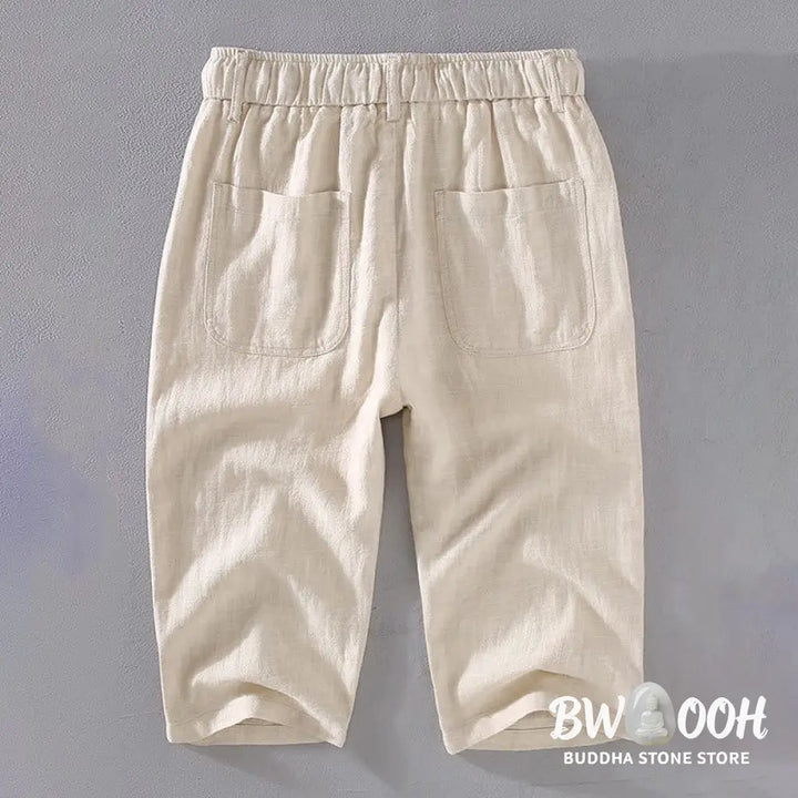 Buddha Stones Men’s Solid Color Ramie Linen Drawstring Cropped Pants With Pockets - Men’s Pants