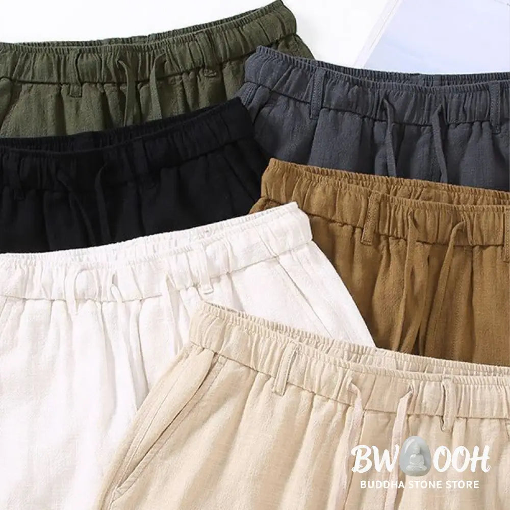 Buddha Stones Men’s Solid Color Ramie Linen Drawstring Cropped Pants With Pockets - Men’s Pants