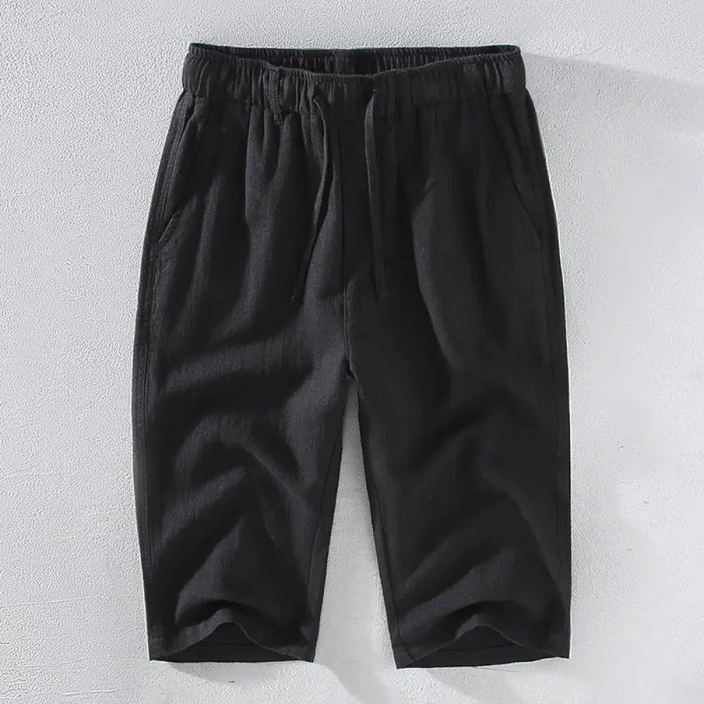 Buddha Stones Men’s Solid Color Ramie Linen Drawstring Cropped Pants With Pockets - Black / US/UK/AU34，EU44 (M) - Men’s