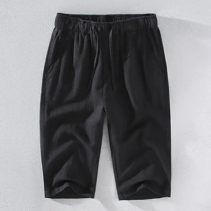 Buddha Stones Men’s Solid Color Ramie Linen Drawstring Cropped Pants With Pockets - Black / US/UK/AU34，EU44 (M) - Men’s