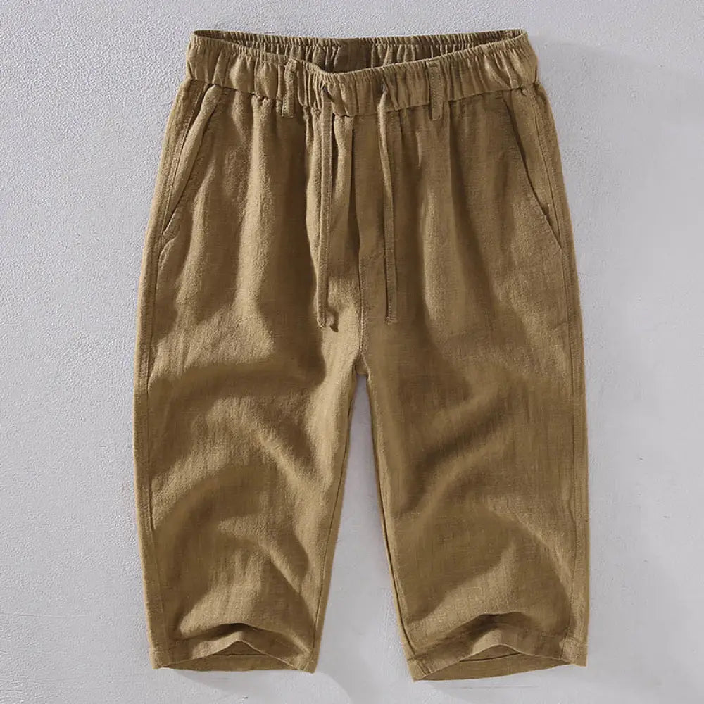 Buddha Stones Men’s Solid Color Ramie Linen Drawstring Cropped Pants With Pockets - BurlyWood / US/UK/AU34，EU44 (M)