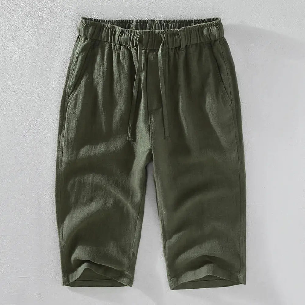 Buddha Stones Men’s Solid Color Ramie Linen Drawstring Cropped Pants With Pockets - DarkSeaGreen / US/UK/AU34，EU44 (M)