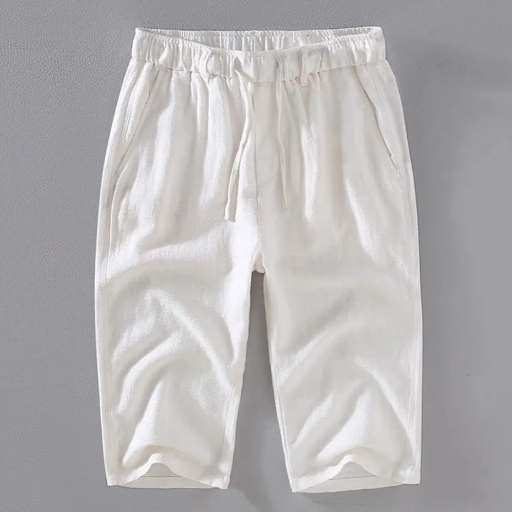 Buddha Stones Men’s Solid Color Ramie Linen Drawstring Cropped Pants With Pockets - White / US/UK/AU34，EU44 (M) - Men’s