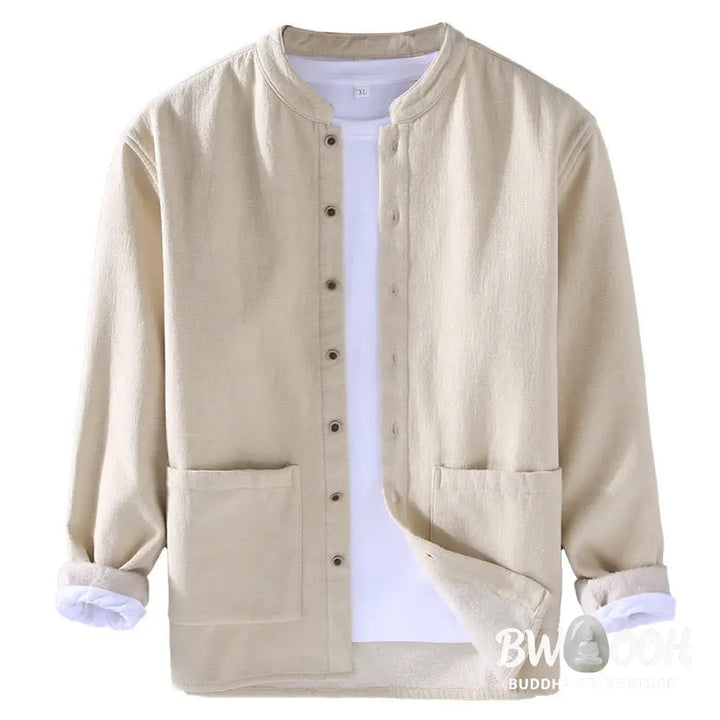 Buddha Stones Men’s Stnad Collar Long Sleeve Thermal Fleece-lined Ramie Cotton Jacket With Pockets - Men’s Jacket