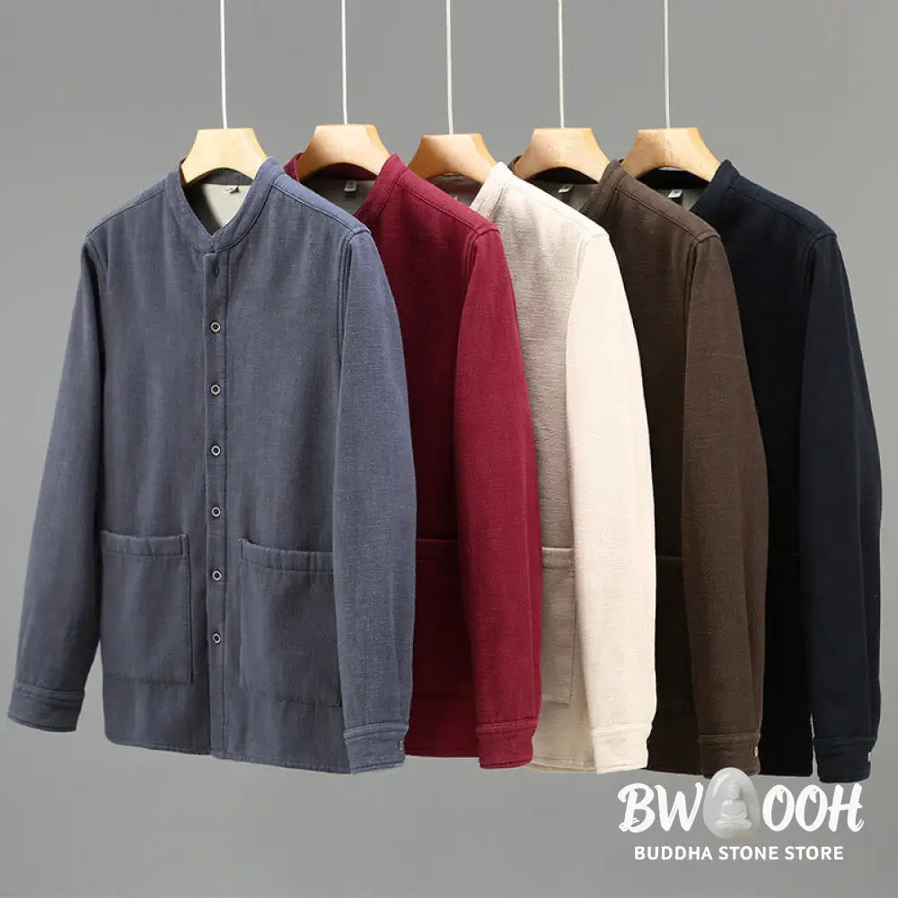 Buddha Stones Men’s Stnad Collar Long Sleeve Thermal Fleece-lined Ramie Cotton Jacket With Pockets - Men’s Jacket