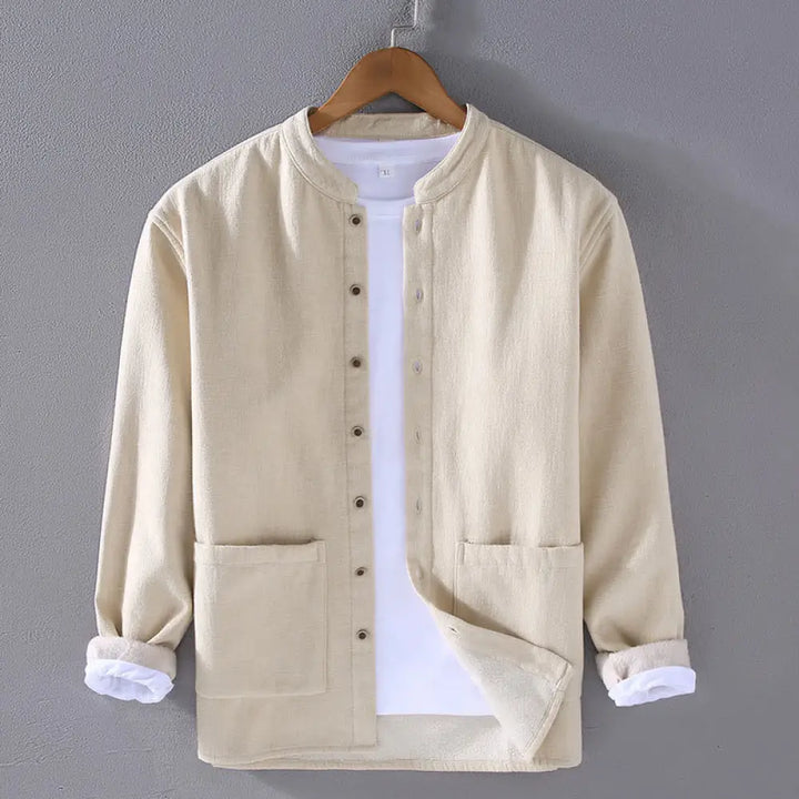 Buddha Stones Men’s Stnad Collar Long Sleeve Thermal Fleece-lined Ramie Cotton Jacket With Pockets - Beige