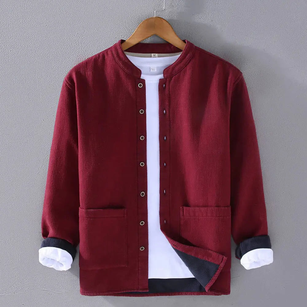 Buddha Stones Men’s Stnad Collar Long Sleeve Thermal Fleece-lined Ramie Cotton Jacket With Pockets - FireBrick