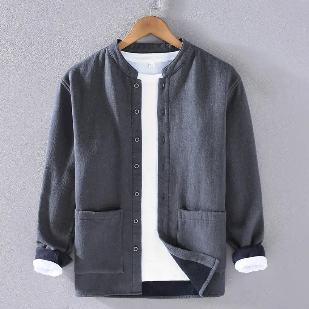 Buddha Stones Men’s Stnad Collar Long Sleeve Thermal Fleece-lined Ramie Cotton Jacket With Pockets - LightSlateGray