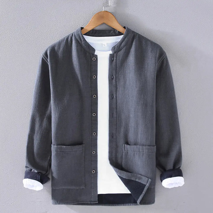 Buddha Stones Men’s Stnad Collar Long Sleeve Thermal Fleece-lined Ramie Cotton Jacket With Pockets - LightSlateGray
