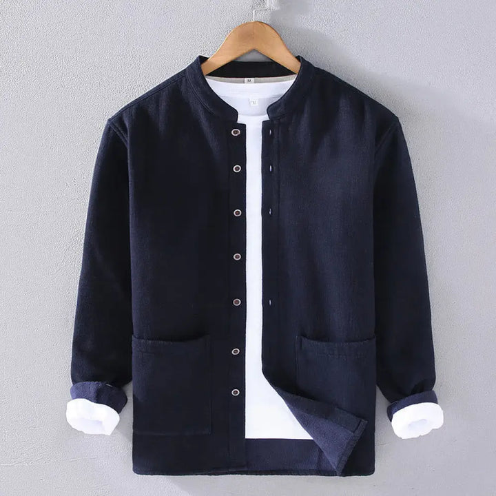 Buddha Stones Men’s Stnad Collar Long Sleeve Thermal Fleece-lined Ramie Cotton Jacket With Pockets - MidnightBlue
