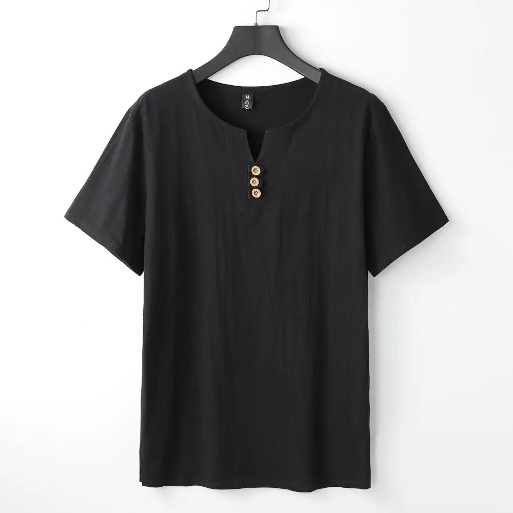 Buddha Stones Men’s T-Shirt Solid Color Top Short Sleeve Three-button V Collar Soft Cotton Shirt - Black