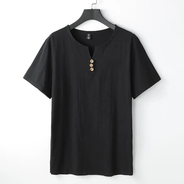 Buddha Stones Men’s T-Shirt Solid Color Top Short Sleeve Three-button V Collar Soft Cotton Shirt - Black