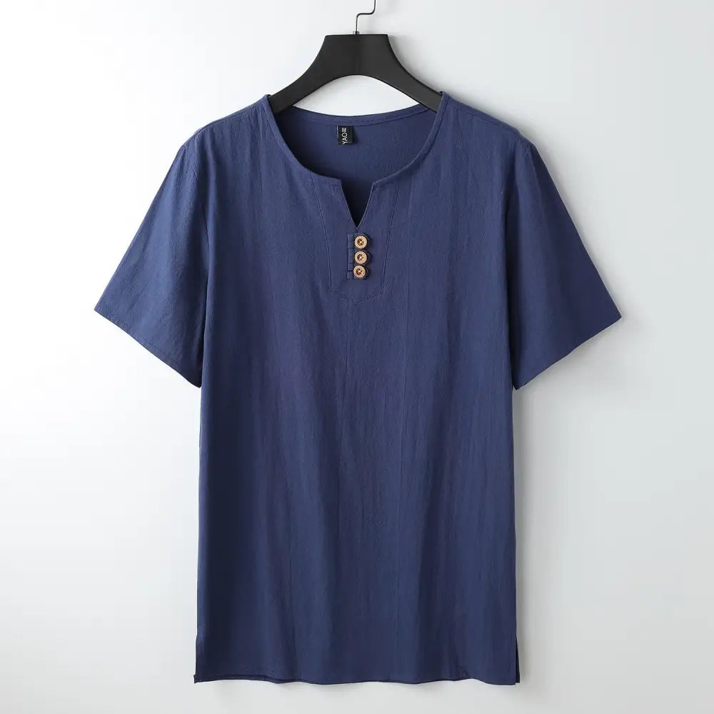 Buddha Stones Men’s T-Shirt Solid Color Top Short Sleeve Three-button V Collar Soft Cotton Shirt - MidnightBlue