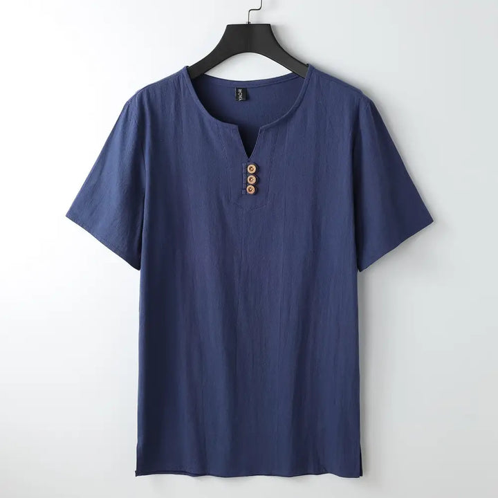 Buddha Stones Men’s T-Shirt Solid Color Top Short Sleeve Three-button V Collar Soft Cotton Shirt - MidnightBlue