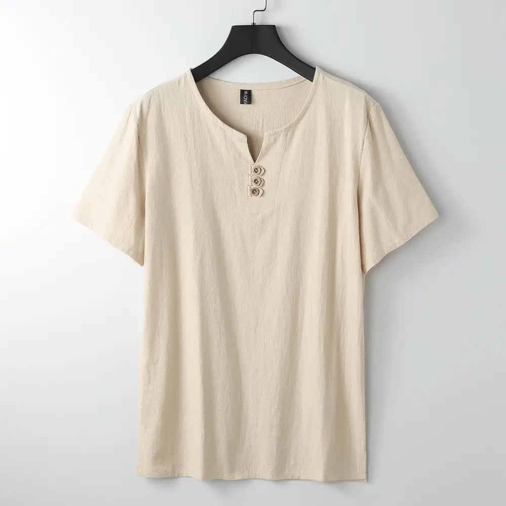 Buddha Stones Men’s T-Shirt Solid Color Top Short Sleeve Three-button V Collar Soft Cotton Shirt - Moccasin