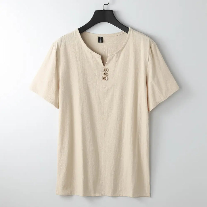 Buddha Stones Men’s T-Shirt Solid Color Top Short Sleeve Three-button V Collar Soft Cotton Shirt - Moccasin