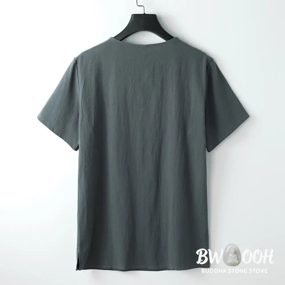 Buddha Stones Men’s T-Shirt Solid Color Top Short Sleeve Three-button V Collar Soft Cotton Shirt - Men’s T-Shirts