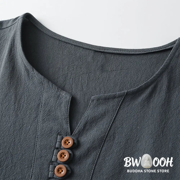 Buddha Stones Men’s T-Shirt Solid Color Top Short Sleeve Three-button V Collar Soft Cotton Shirt - Men’s T-Shirts