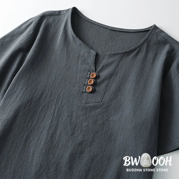 Buddha Stones Men’s T-Shirt Solid Color Top Short Sleeve Three-button V Collar Soft Cotton Shirt - Men’s T-Shirts