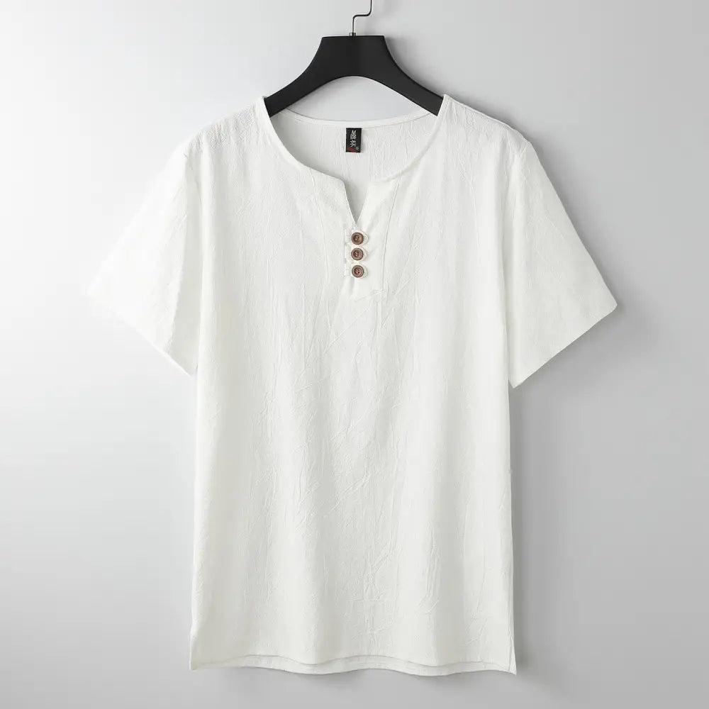 Buddha Stones Men’s T-Shirt Solid Color Top Short Sleeve Three-button V Collar Soft Cotton Shirt - White