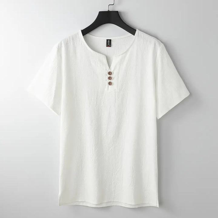 Buddha Stones Men’s T-Shirt Solid Color Top Short Sleeve Three-button V Collar Soft Cotton Shirt - White