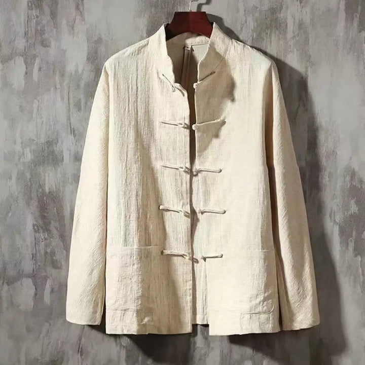 Buddha Stones Men’s Tang Long Sleeve Shirt Frog Button With Pocket Stand Collar Comfort Shirt - Cornsilk