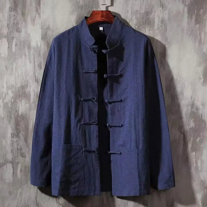 Buddha Stones Men’s Tang Long Sleeve Shirt Frog Button With Pocket Stand Collar Comfort Shirt - MidnightBlue