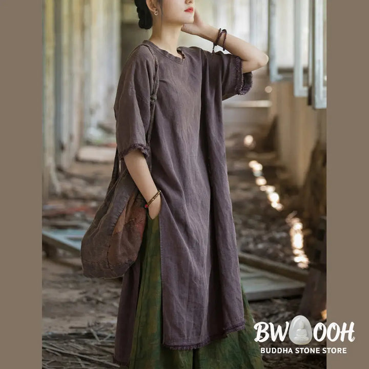 Buddha Stones Mid Length Dress Ramie Linen Half Sleeve Split Hem Top T-Shirt - Dress&amp;T-Shirt