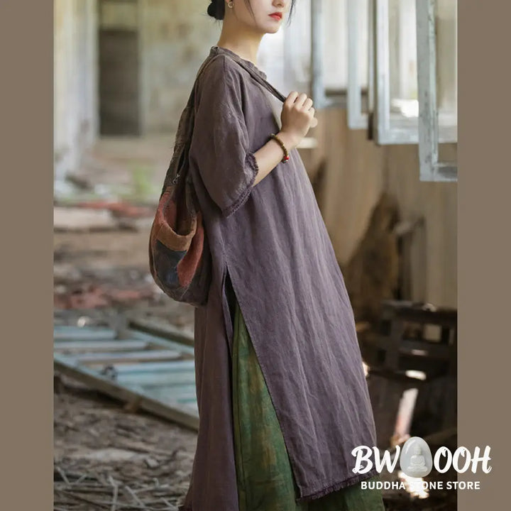 Buddha Stones Mid Length Dress Ramie Linen Half Sleeve Split Hem Top T-Shirt - Dress&amp;T-Shirt