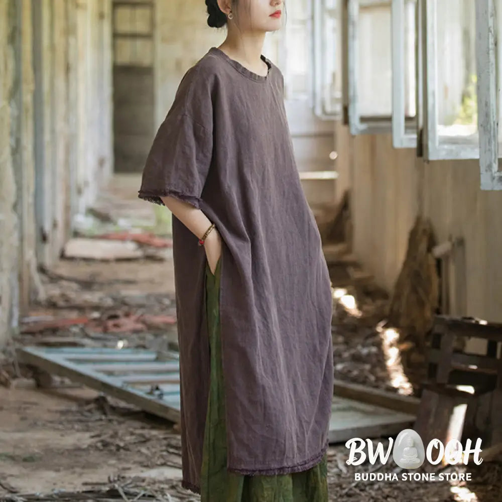 Buddha Stones Mid Length Dress Ramie Linen Half Sleeve Split Hem Top T-Shirt - Dress&amp;T-Shirt
