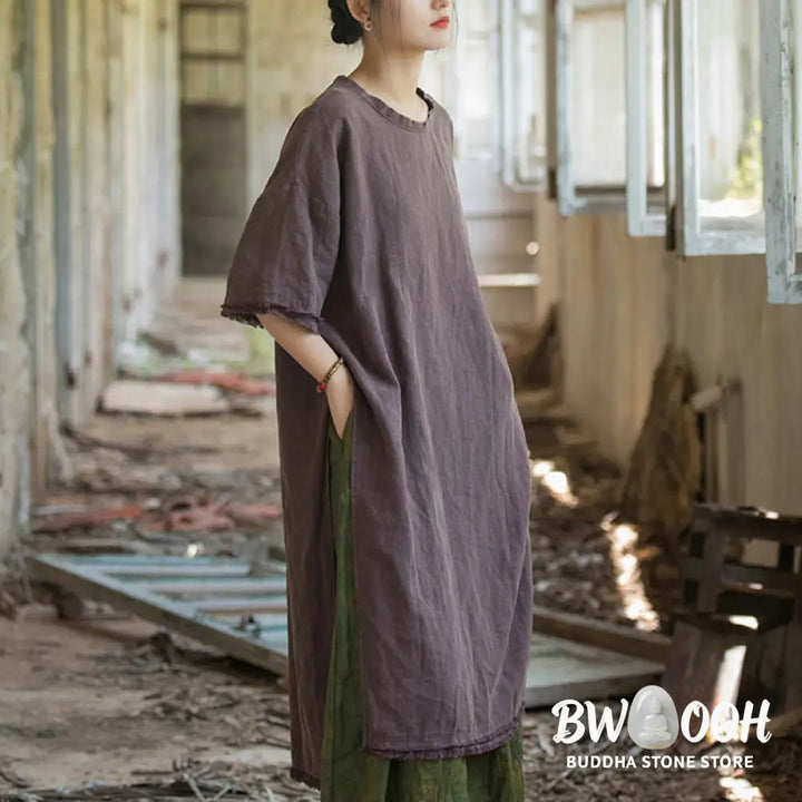 Buddha Stones Mid Length Dress Ramie Linen Half Sleeve Split Hem Top T-Shirt - Dress&amp;T-Shirt