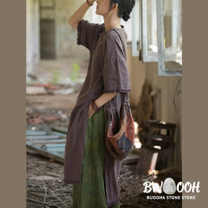 Buddha Stones Mid Length Dress Ramie Linen Half Sleeve Split Hem Top T-Shirt - Dress&amp;T-Shirt