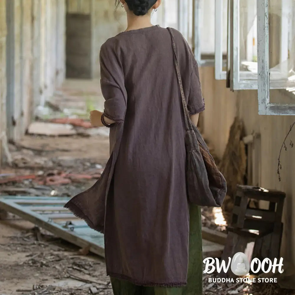 Buddha Stones Mid Length Dress Ramie Linen Half Sleeve Split Hem Top T-Shirt - Dress&amp;T-Shirt