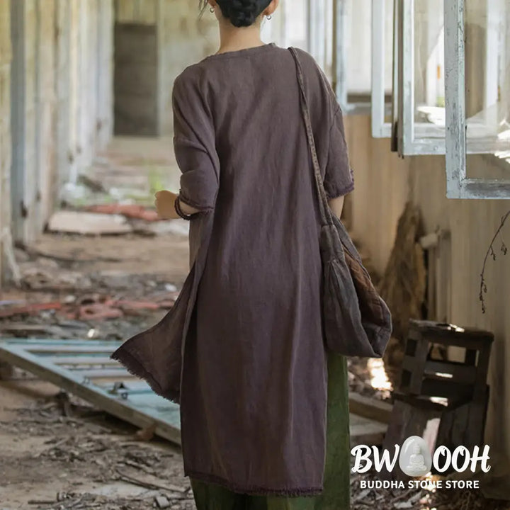 Buddha Stones Mid Length Dress Ramie Linen Half Sleeve Split Hem Top T-Shirt - Dress&amp;T-Shirt