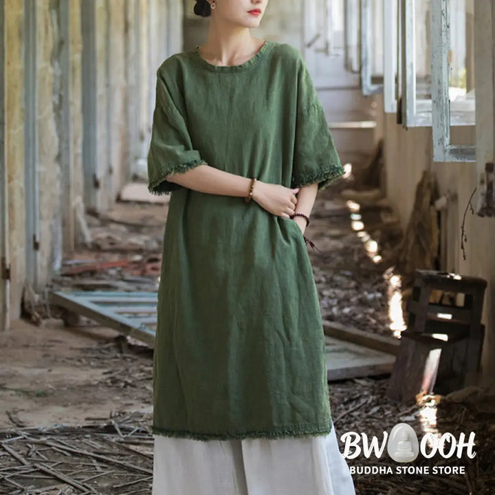 Buddha Stones Mid Length Dress Ramie Linen Half Sleeve Split Hem Top T-Shirt - Dress&amp;T-Shirt