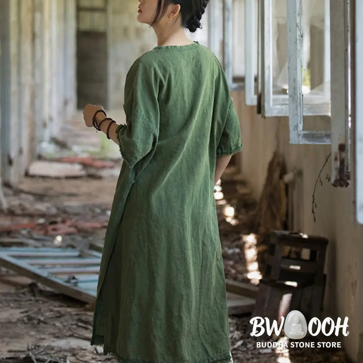 Buddha Stones Mid Length Dress Ramie Linen Half Sleeve Split Hem Top T-Shirt - Dress&amp;T-Shirt