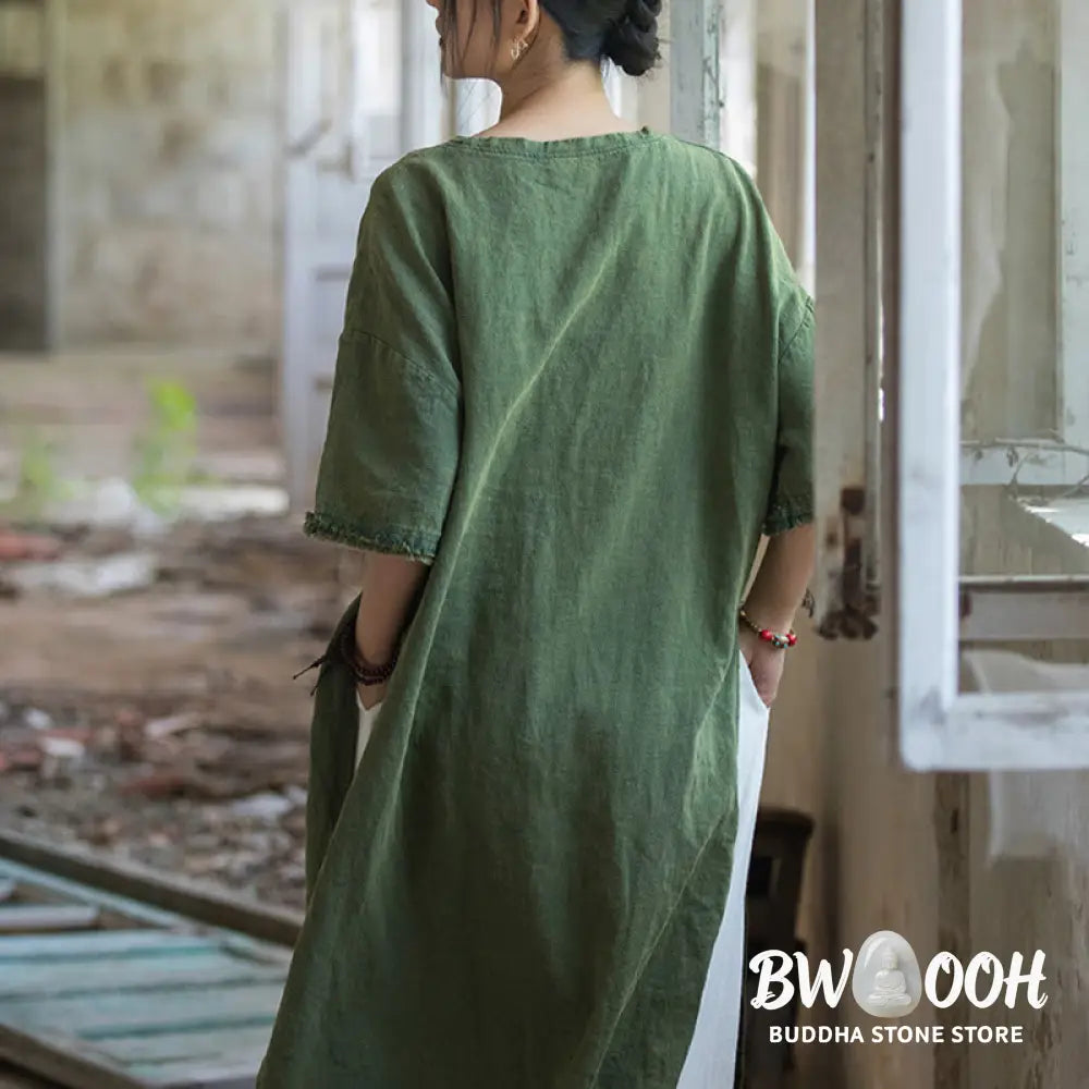 Buddha Stones Mid Length Dress Ramie Linen Half Sleeve Split Hem Top T-Shirt - Dress&amp;T-Shirt