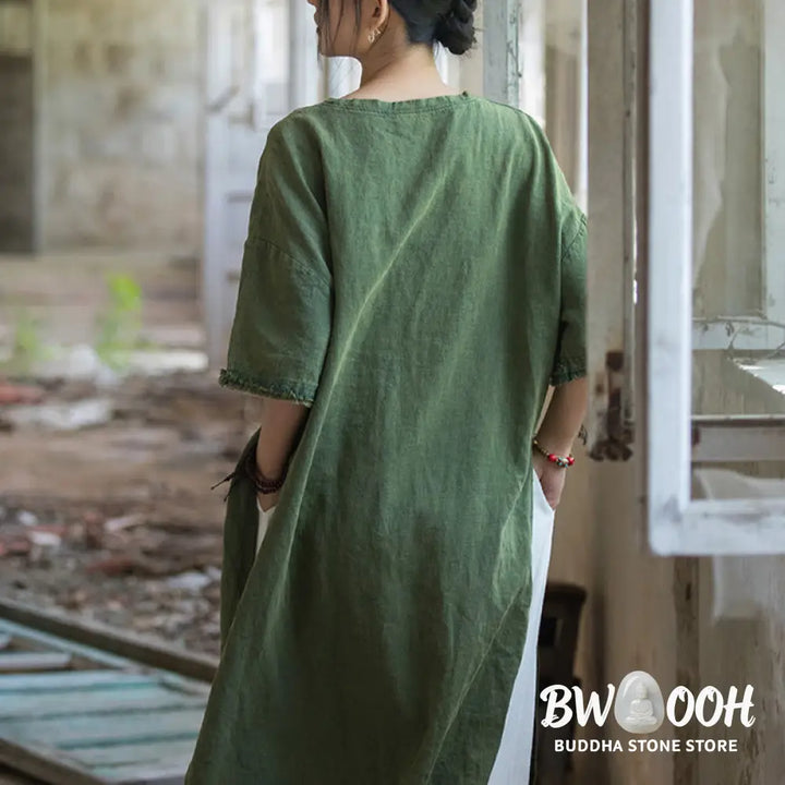 Buddha Stones Mid Length Dress Ramie Linen Half Sleeve Split Hem Top T-Shirt - Dress&amp;T-Shirt