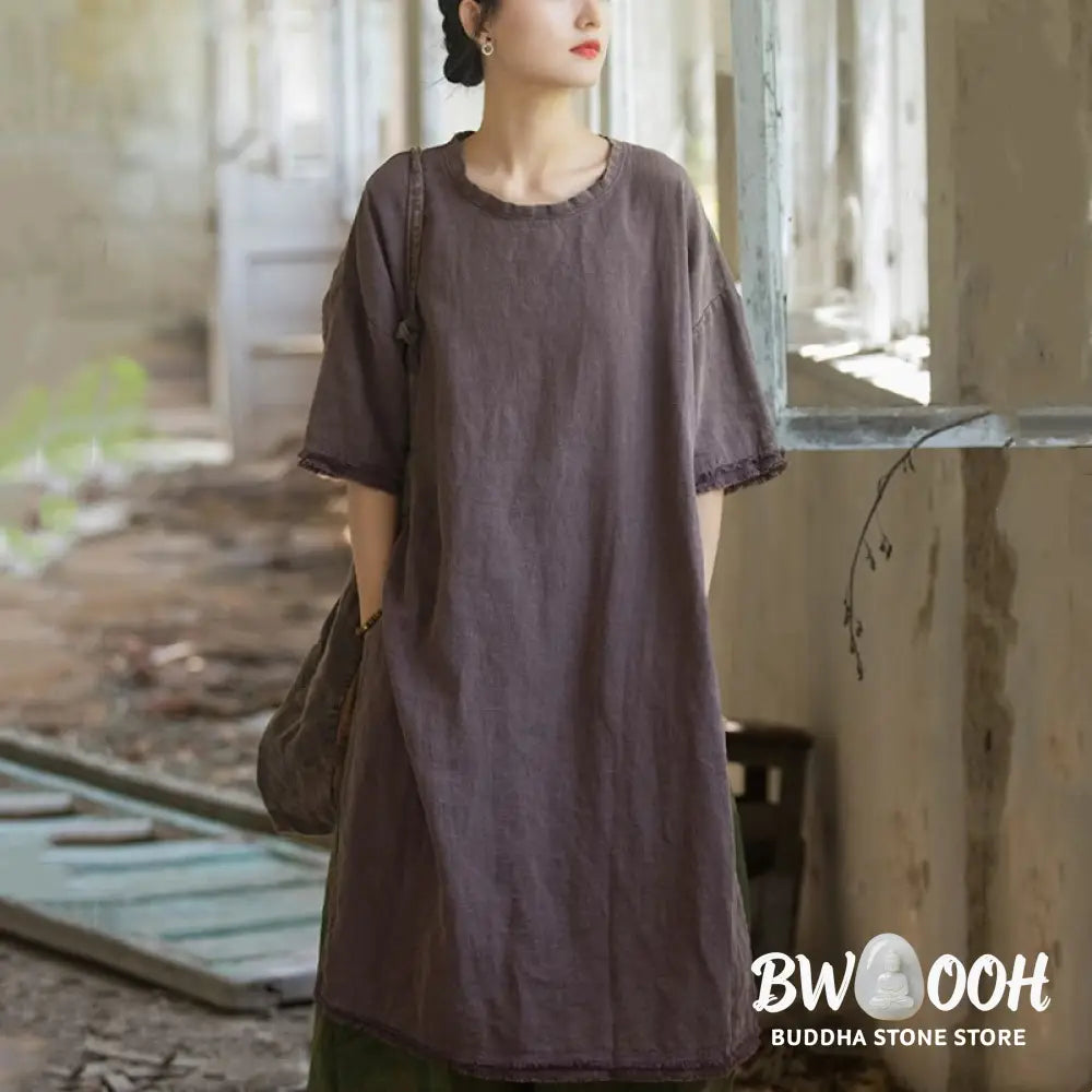 Buddha Stones Mid Length Dress Ramie Linen Half Sleeve Split Hem Top T-Shirt - Dress&amp;T-Shirt