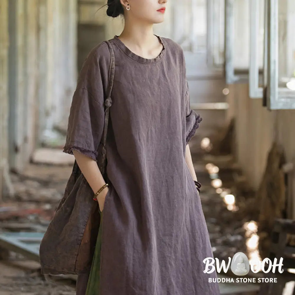 Buddha Stones Mid Length Dress Ramie Linen Half Sleeve Split Hem Top T-Shirt - Dress&amp;T-Shirt