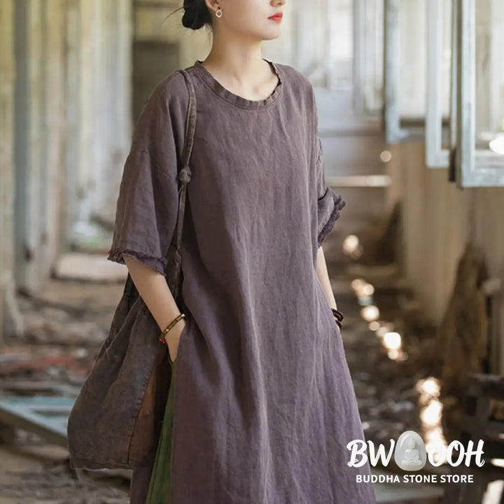 Buddha Stones Mid Length Dress Ramie Linen Half Sleeve Split Hem Top T-Shirt - Dress&amp;T-Shirt