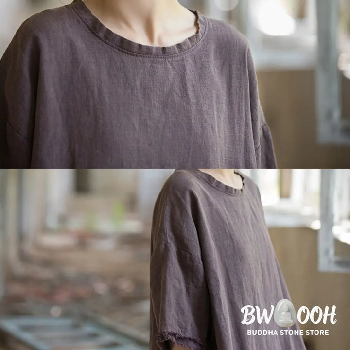 Buddha Stones Mid Length Dress Ramie Linen Half Sleeve Split Hem Top T-Shirt - Dress&amp;T-Shirt