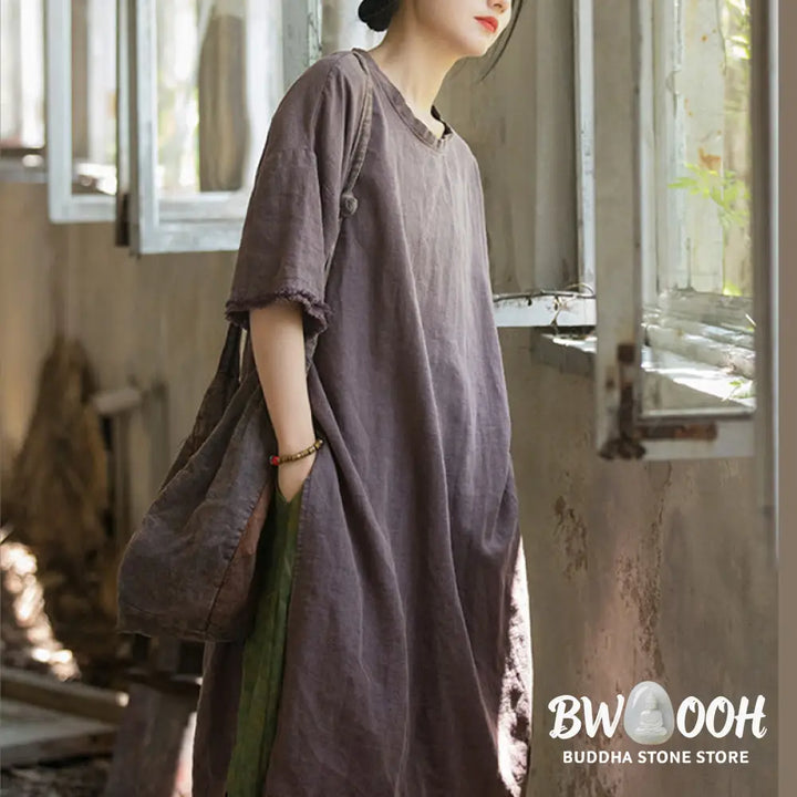 Buddha Stones Mid Length Dress Ramie Linen Half Sleeve Split Hem Top T-Shirt - Dress&amp;T-Shirt
