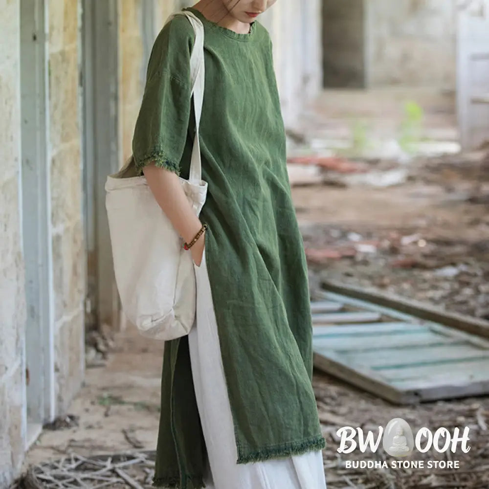 Buddha Stones Mid Length Dress Ramie Linen Half Sleeve Split Hem Top T-Shirt - Dress&amp;T-Shirt